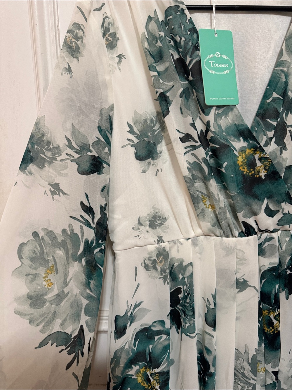 White Maxi Dress with Teal Floral Print - Picture 4 of 5